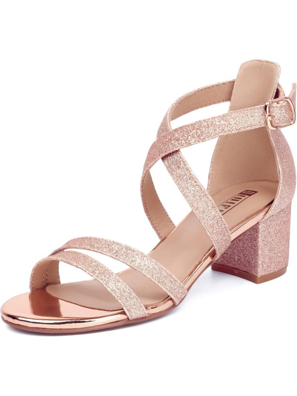 Women's  Rose Gold Block Low Chunky Heel Open Toe Ankle Strap Dress Sandals